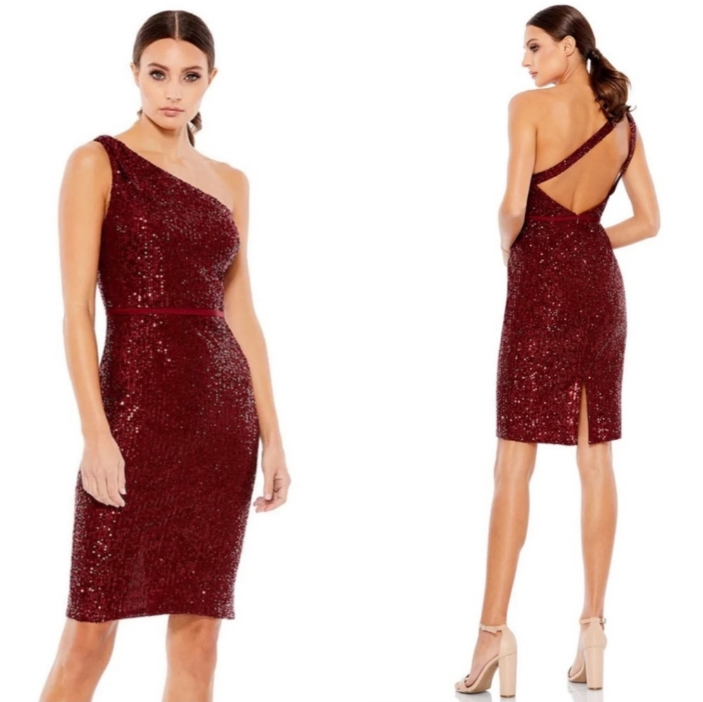 Mac Duggal Ieena 26497 Sequin One Shoulder Cutout Back Dress, Wine, 8